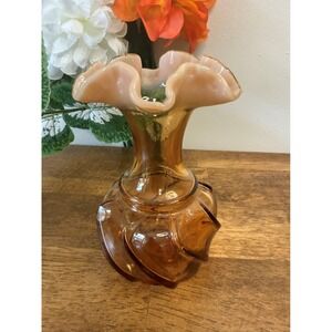 Vintage‎ Fenton Glass Vase Amber Cream Crest Ruffled Rim Swirl Wavecrest Art
